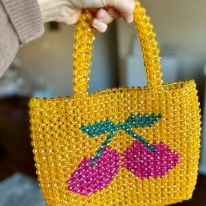 Handcrafted Beaded Bag with Cherry Design - Yellow